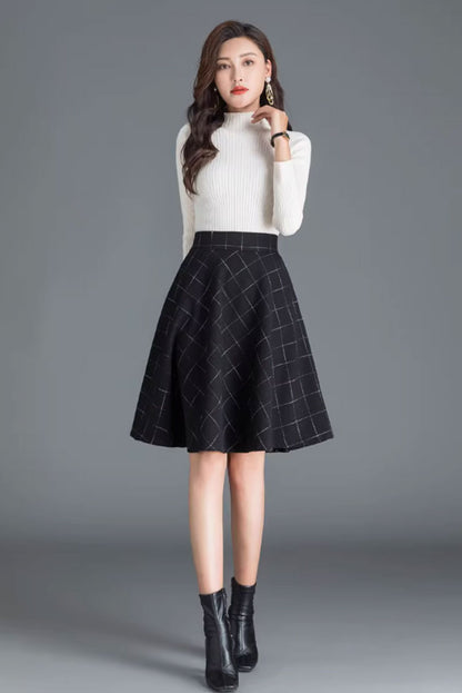Black Wool Skater Skirt - Elegant A-Line Winter Essential 4655-4