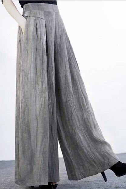 Gray Linen Wide Leg Pants - Retro High Waisted Relaxed Fit 4368