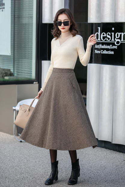 Brown Houndstooth Wool Blend Midi Skirt – Handmade Vintage Winter Elegance 4131