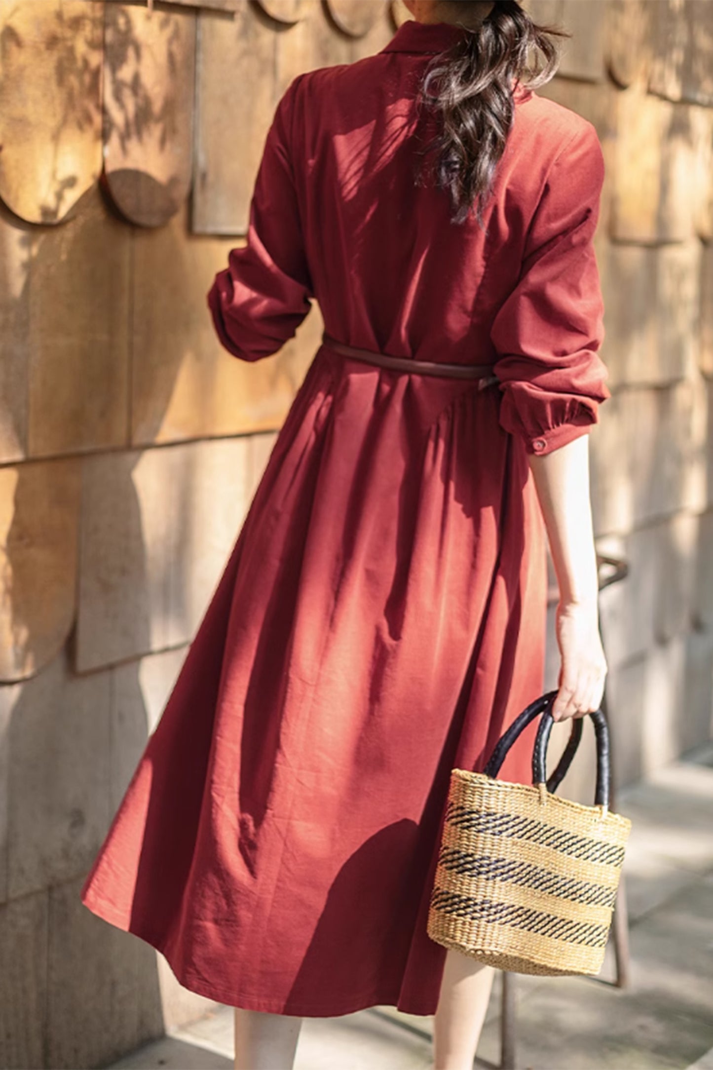 Long sleeves spring red shirt dress 4881