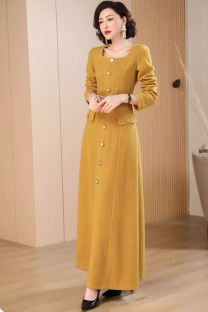Yellow Wool Maxi Dress - Long Sleeve, Button Front Elegance 4709