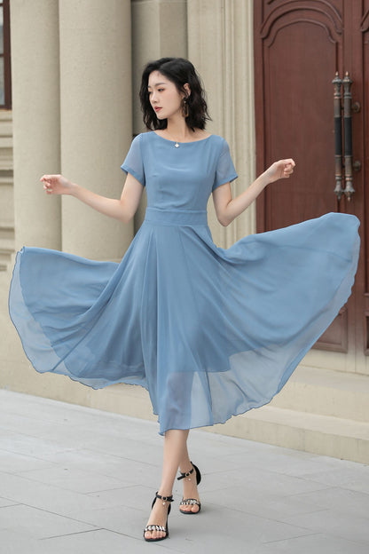 Blue Chiffon Midi Dress – Handmade Vintage Fit and Flare Swing Dress for Summer Weddings 5115