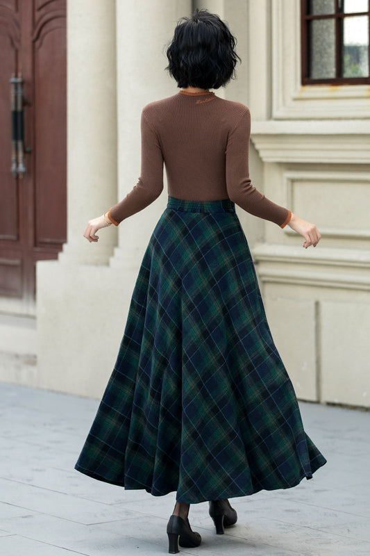 Plaid Wool Maxi Skirt – Vintage A-Line Winter Skirt with Pockets 5451