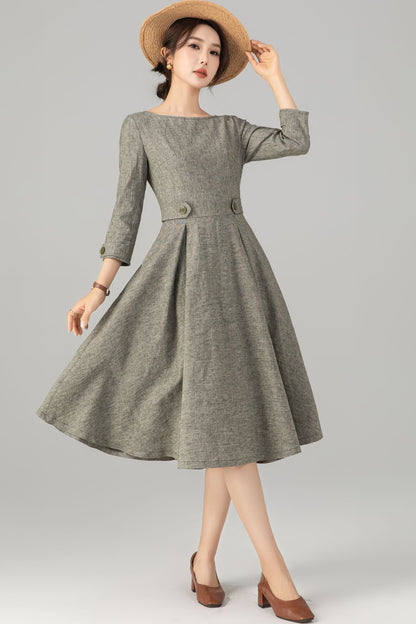 Army Green Linen Cotton Midi Dress - Vintage A-Line Silhouette 5706