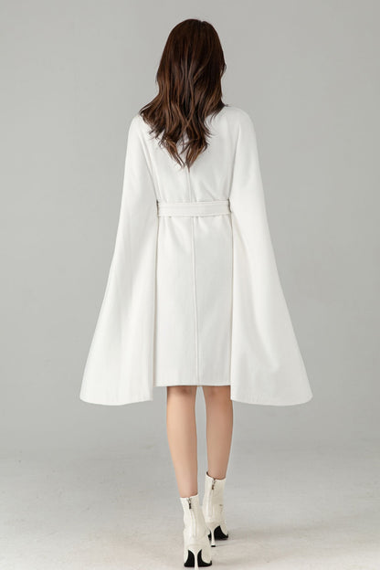 White Wool Cape Coat – Elegant Belted Winter Dress Coat | Xiaolizi 6575