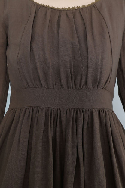 Brown Linen Midi Dress - A-Line Silhouette with Long Sleeves 5515