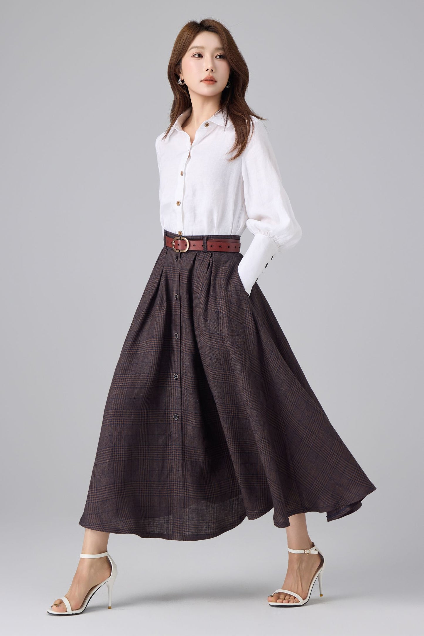 Brown Linen Cotton Skirt - Plaid High Waist | Xiaolizi 6756