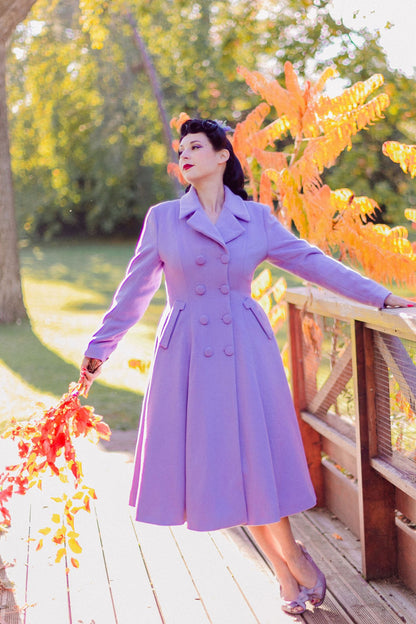 Purple Wool Long Coat - Double Breasted Fit and Flare Silhouette 3256