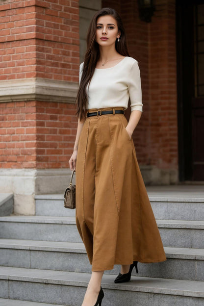 Brown Linen Maxi Skirt – High Waist A-Line Long Linen Skirt 6777