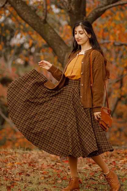 Brown Wool Midi Circle Skirt - Pleated, High Waist Elegance 4733
