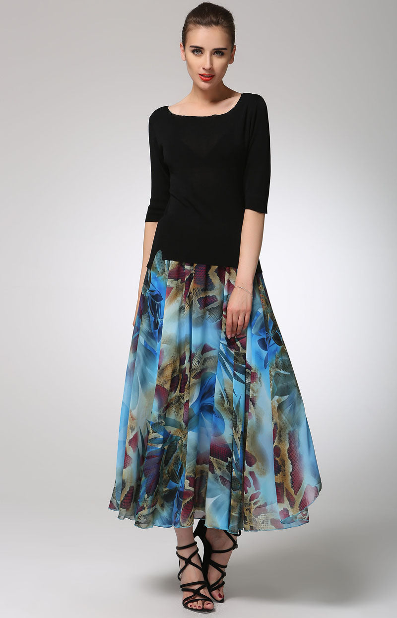 Abstract Print Chiffon Maxi Skirt for Women with Elastic Waist | Xiaolizi 1294