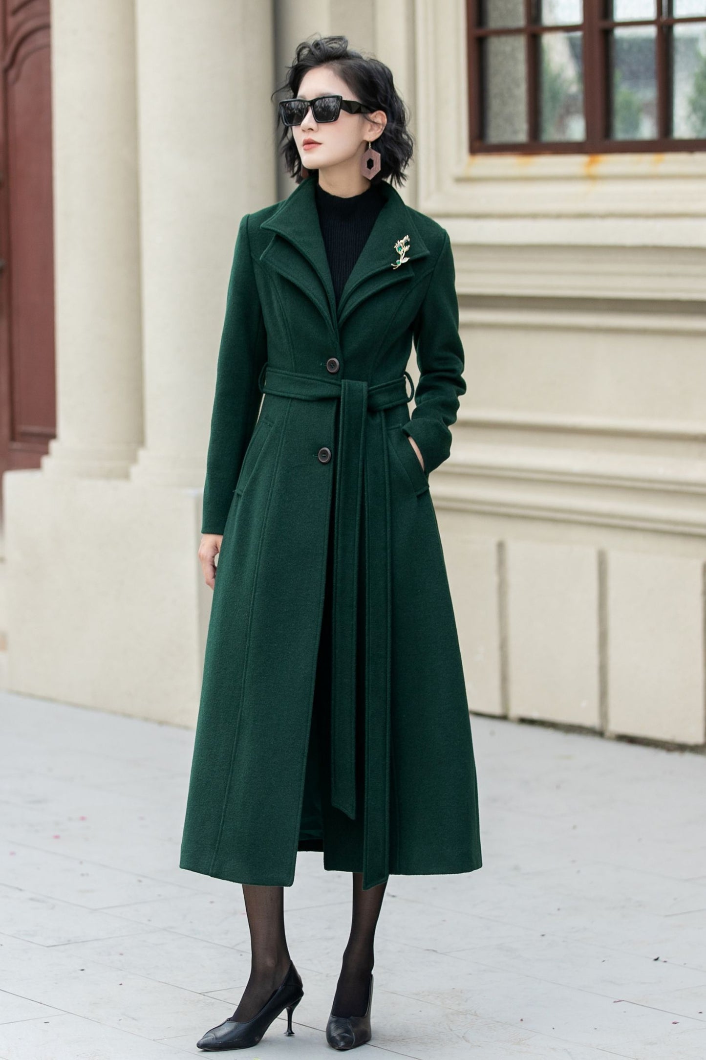 Green long wool trench coat women 5350