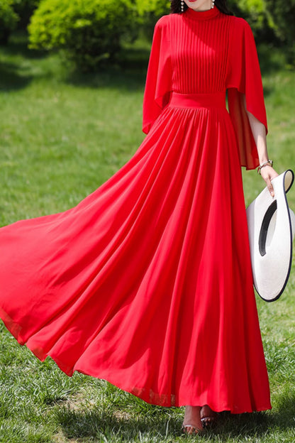 Fuchsia Polyester Maxi Dress - Flowing Swing Sleeve, Fitted Waist c4978