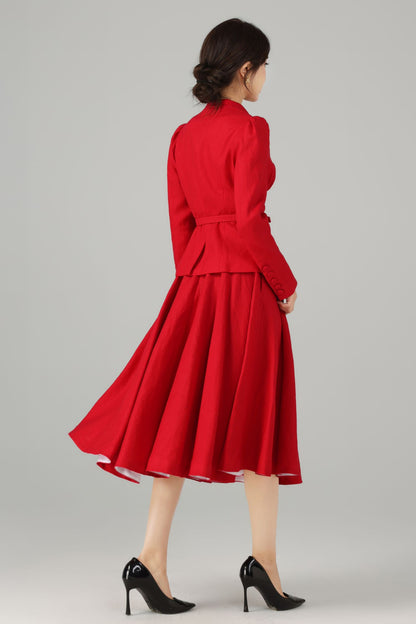 Red Linen Midi Skirt - High Waist Circle Swing Pockets | Xiaolizi 5760
