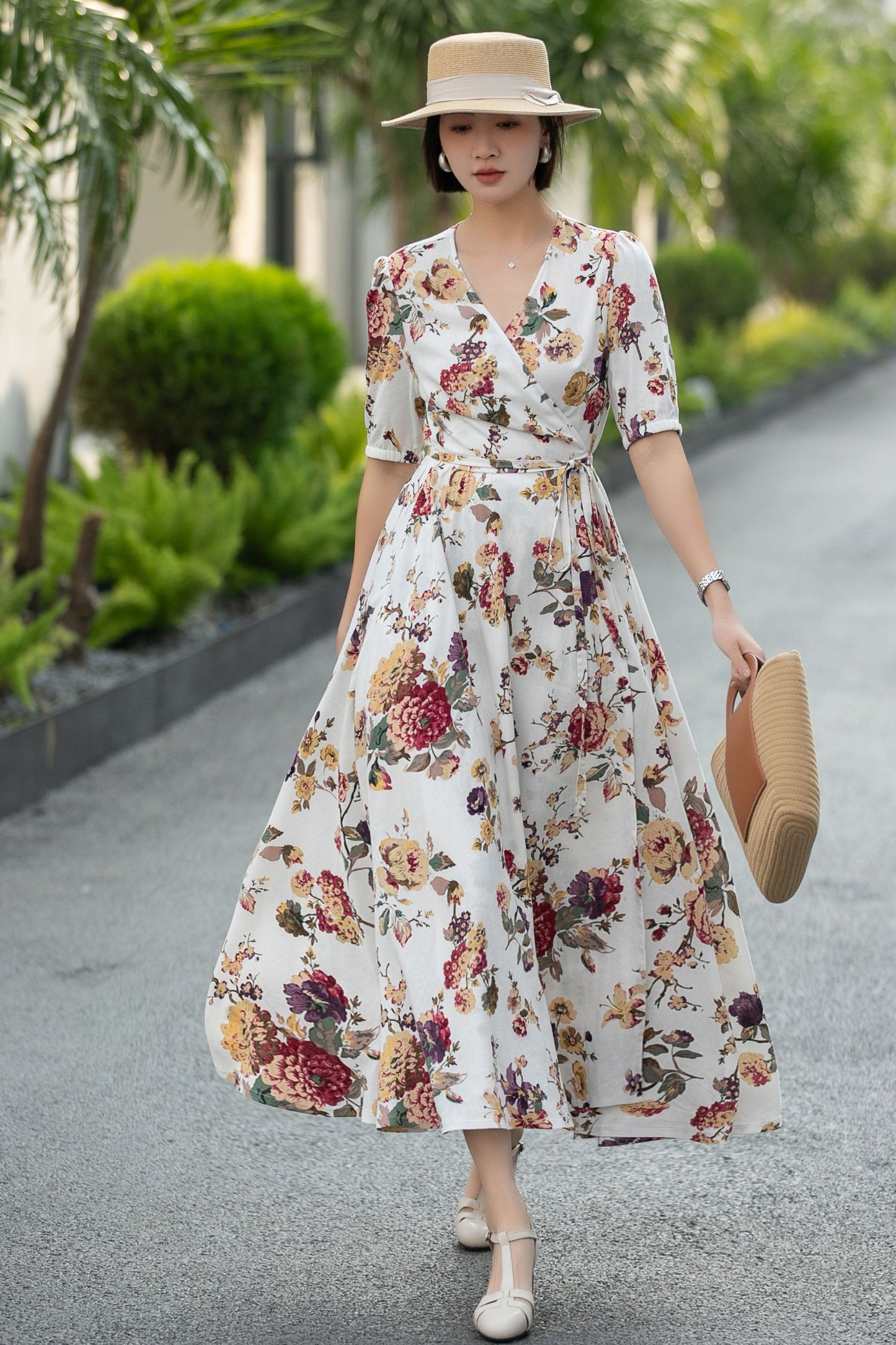 Floral Linen Cotton Wrap Midi Dress – Vintage V-Neck Summer Dress 6667