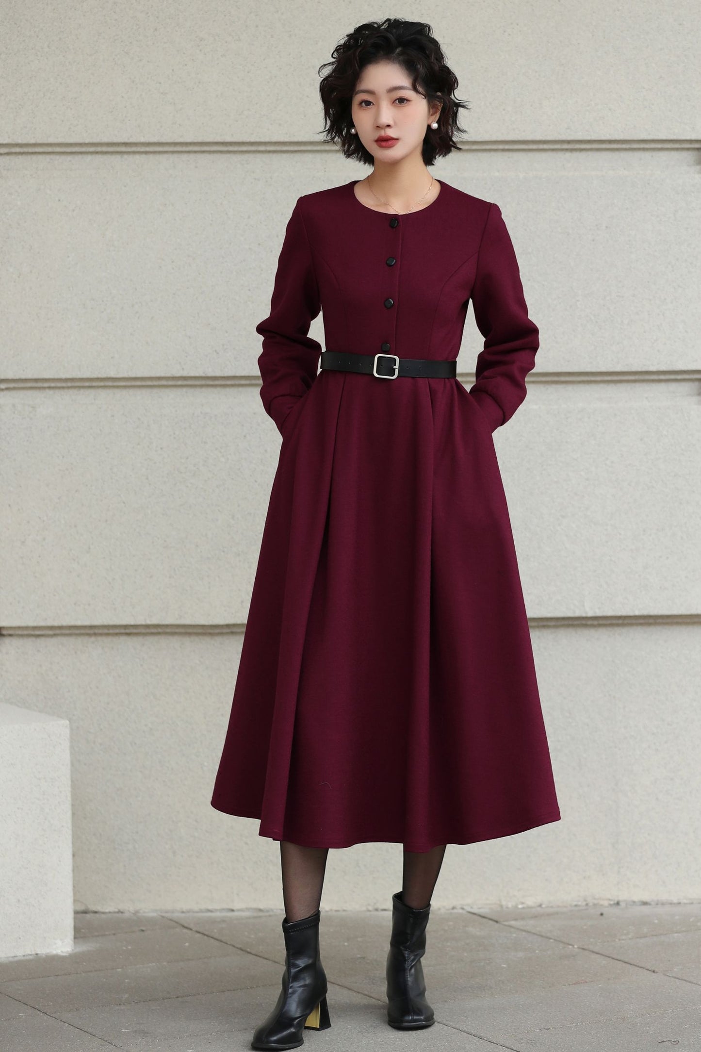 Burgundy Handmade Wool Midi Dress – Vintage Long Sleeve Winter Style 6618