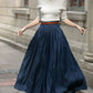 Navy Blue Linen Maxi Pleated Skirt 5688