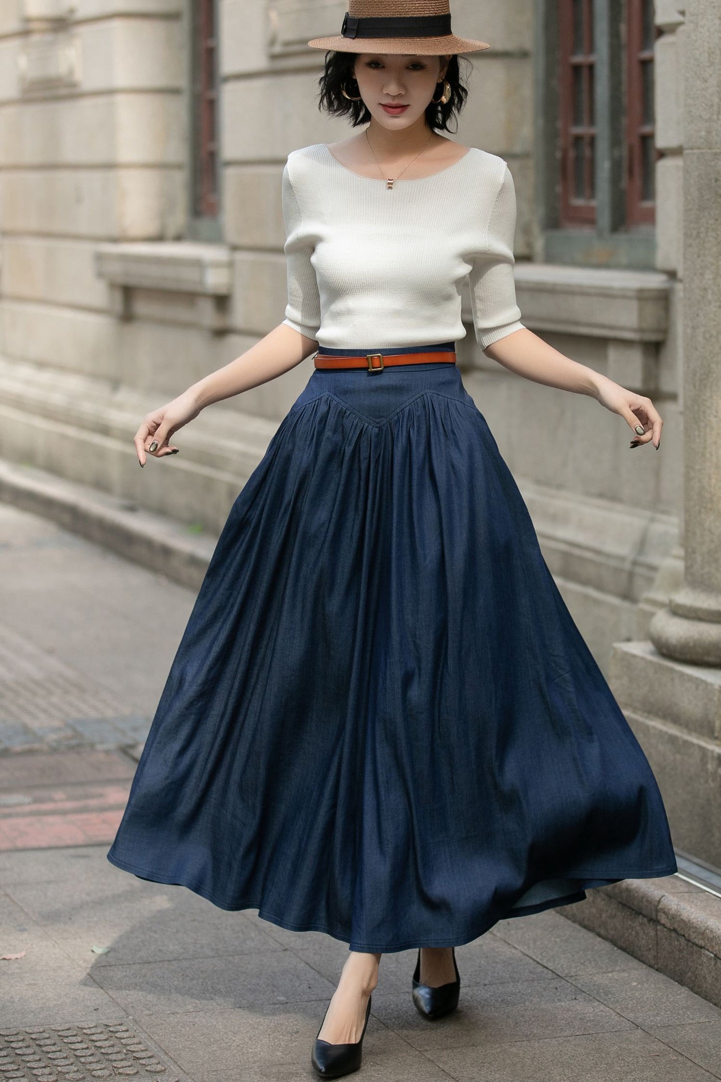 Navy Blue Linen Maxi Pleated Skirt 5688