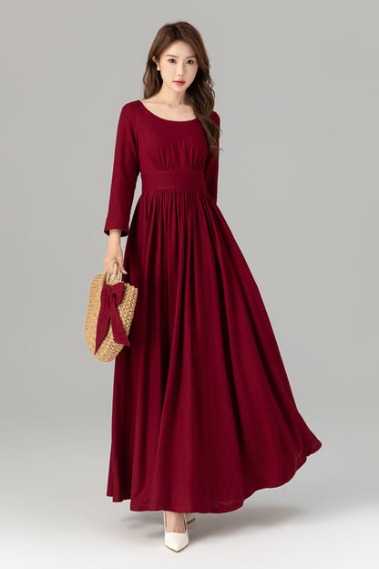 Burgundy Linen Maxi Dress - High Waisted, Flowing Silhouette 4924