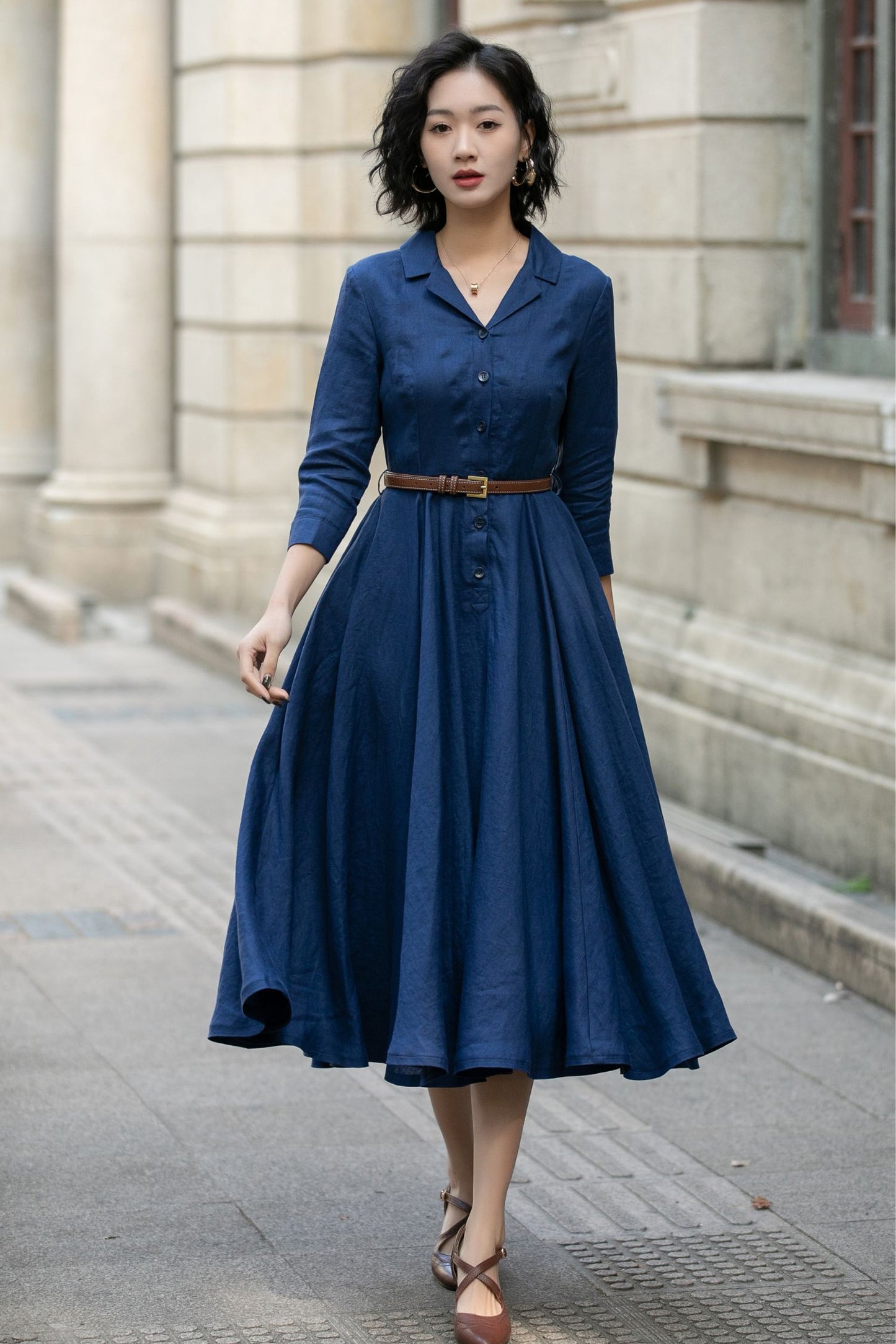 Navy shirt linen dress for women 5682