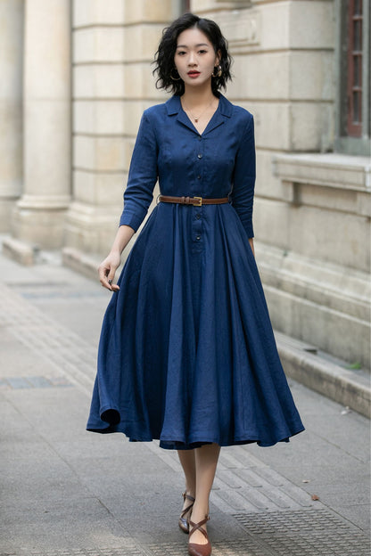 Navy Linen Shirt Dress for Women, Xiaolizi Belted A-Line Dress 5682