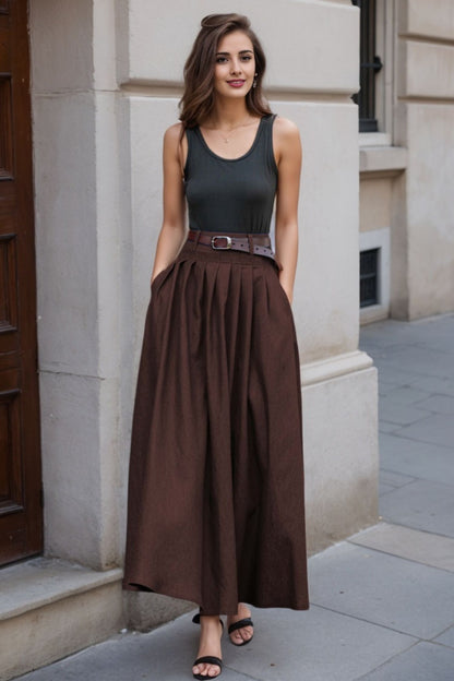 Cotton Pleated Maxi Skirt - Pockets A-Line | Xiaolizi 5780