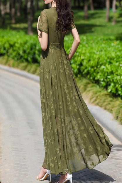 Olive Chiffon Maxi Dress - Fit and Flare Silhouette with V-Neckline 5085