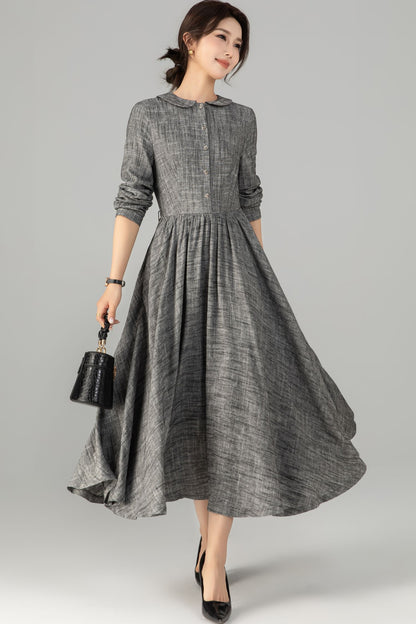 Gray Linen & Cotton A-Line Midi Dress - Button-Up with Waist Belt 5710