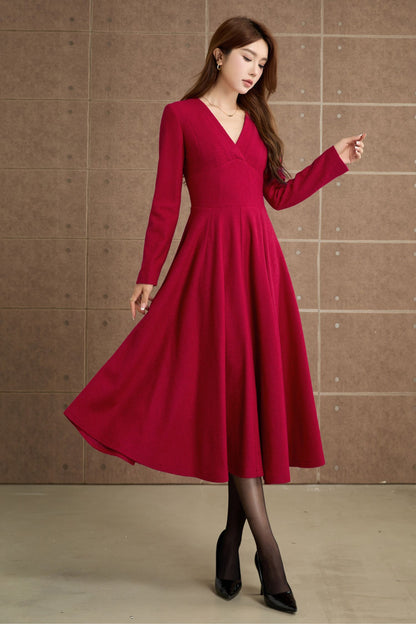 Vintage Wool Blend Midi Dress – Handmade Fit & Flare Winter Dress | Xiaolizi 5357