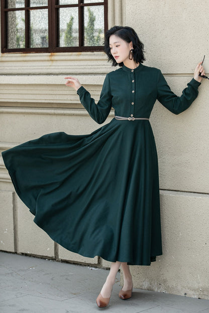 Dark Green Wool Maxi Dress - Long Sleeve, Flowy Winter Style 5314