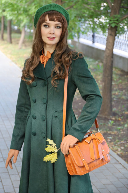 Vintage Green Wool Coat – Elegant Double-Breasted Fit and Flare Winter Overcoat 3155