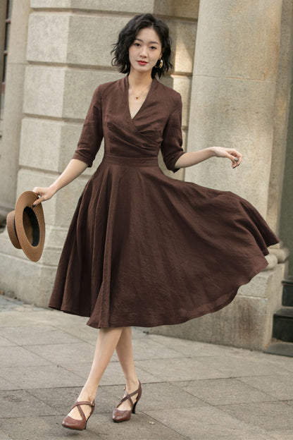Brown Linen Midi Dress - A-Line V-Neck Pleated | Xiaolizi 5754