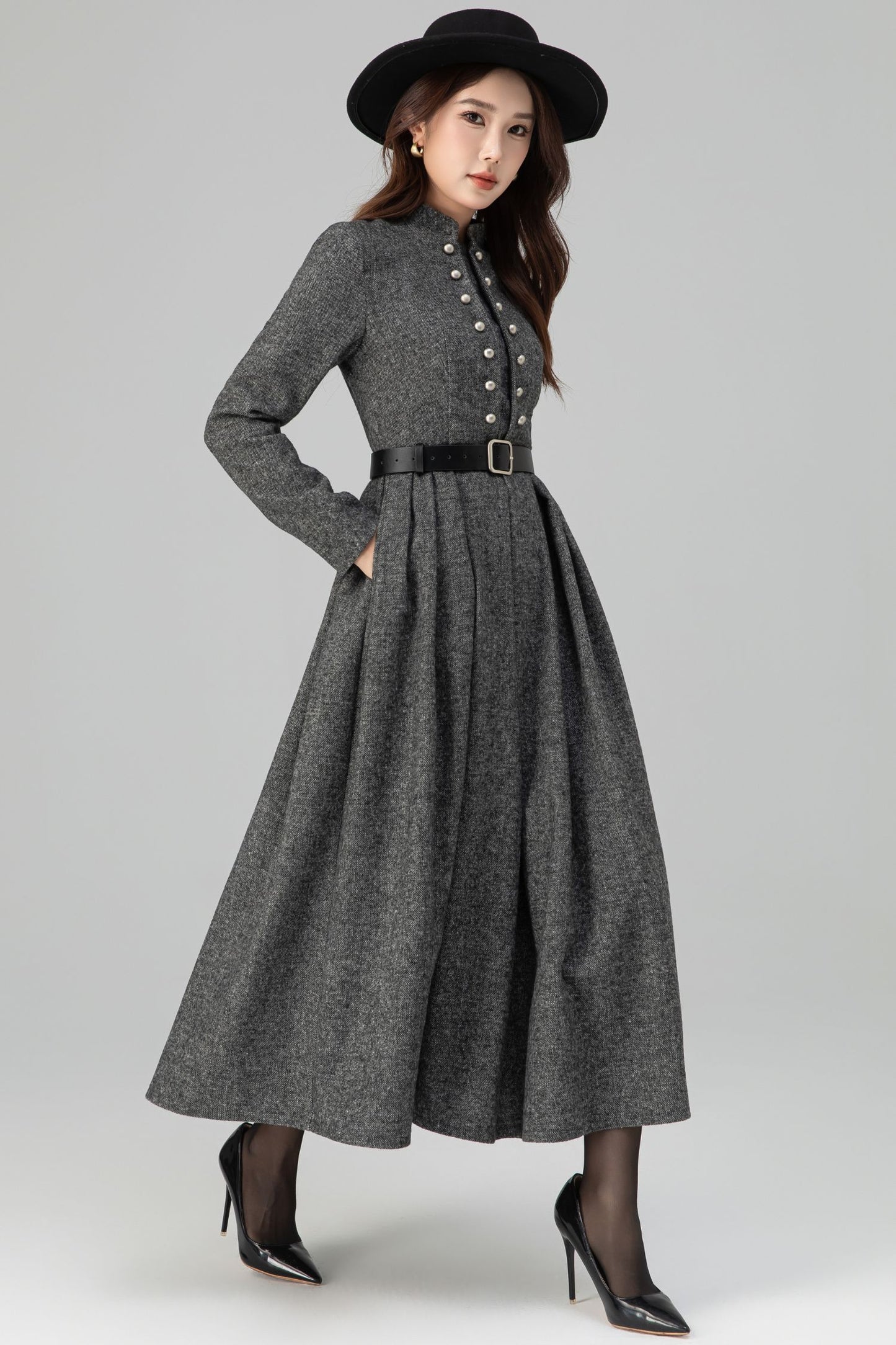 Long Sleeve Pleated Swing Wool Dress 6389