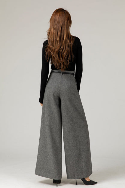 Gray Wool Wide-Leg Pants - High Waist Fitted | Xiaolizi 5482