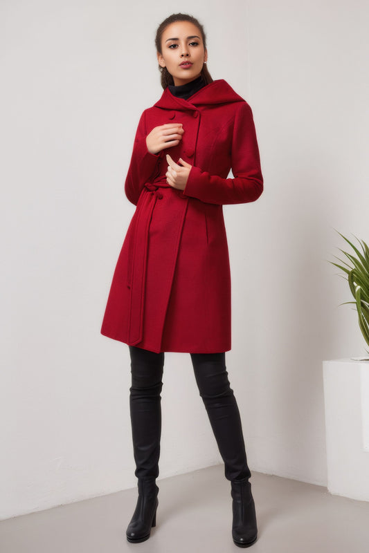Women's Hooded Wool Coat - Double Breasted Red Winter Coat 5612