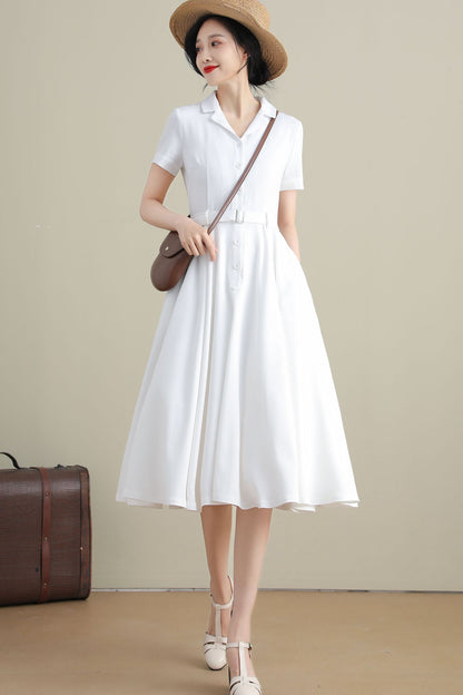 White Linen Cotton Swing Midi Dress - Notched Collar, Belted Waist 3271
