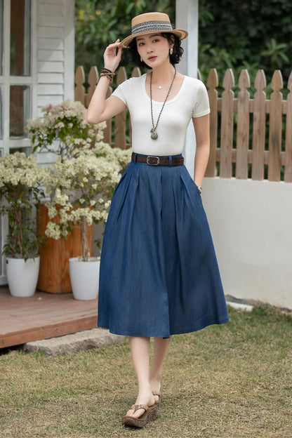 Xiaolizi Tencel Denim Midi Skirt – Vintage High Waist A-Line 6697 Size XS #CK2600181