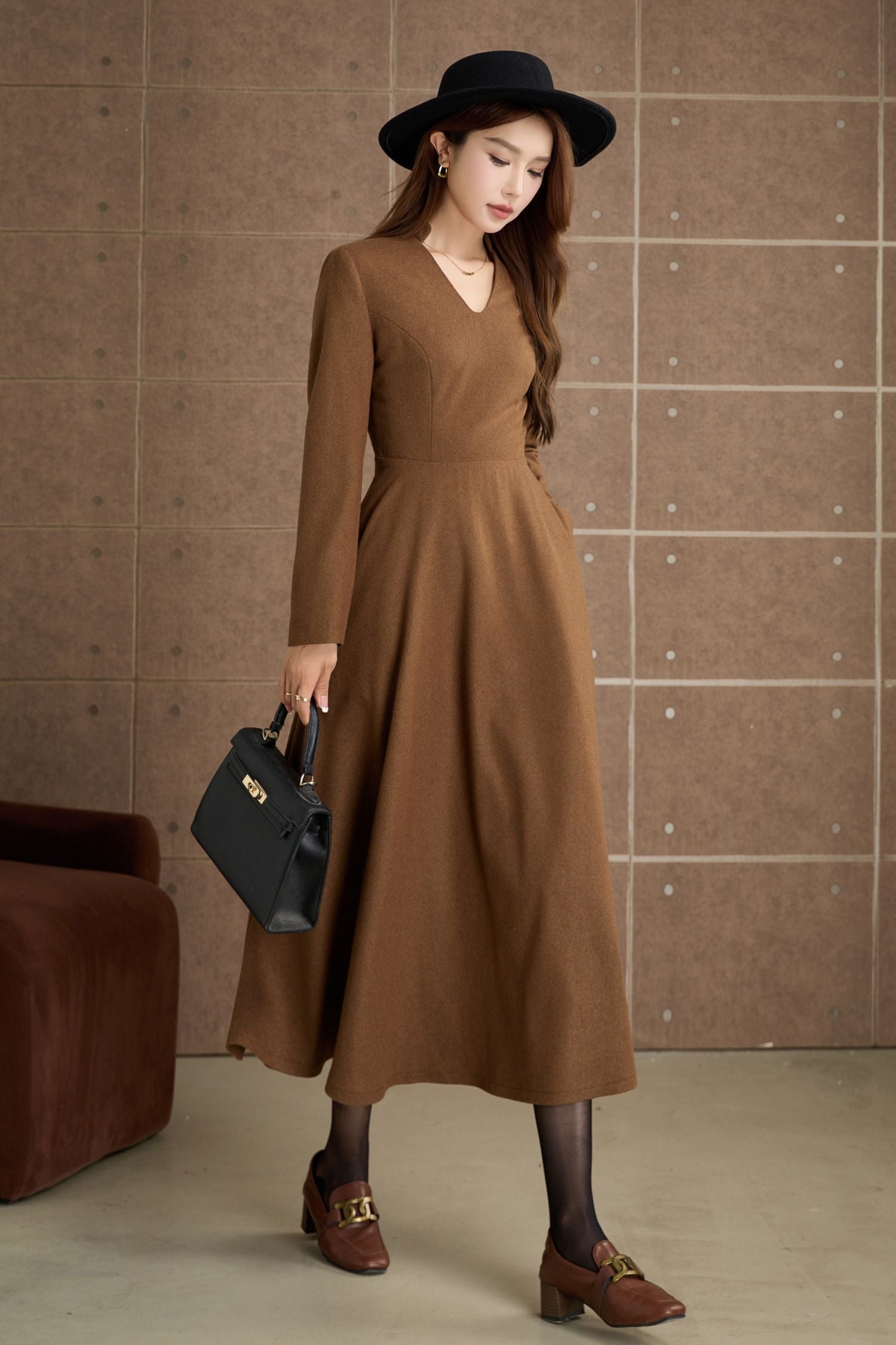 Fit and flare brown winter wool dress 5360 Xiaolizi Fit and flare brown winter wool dress 5360 Xiaolizi