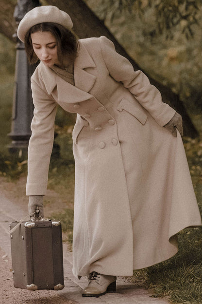 Vintage Beige Wool Coat – Double-Breasted Fit and Flare Winter Overcoat for Women 3228