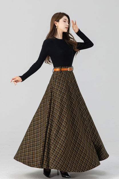 Handmade Brown Plaid Wool Maxi Skirt – High Waist Pleated Winter Long Skirt | Xiaolizi 4666