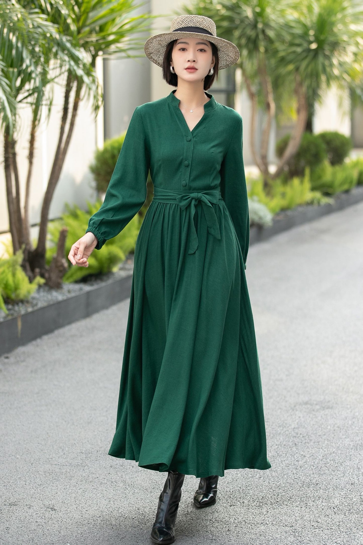 Green Linen Cotton Shirt Dress – Vintage Button-Up Midi Dress 6658