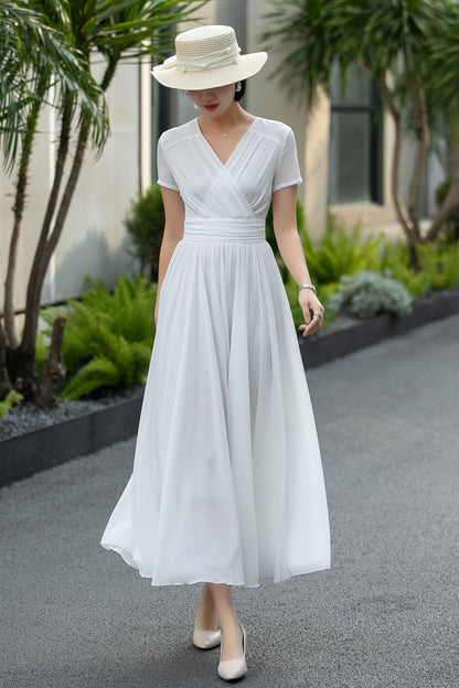 Handmade White Chiffon Maxi Dress – Vintage Empire Waist Dance Dress 6662