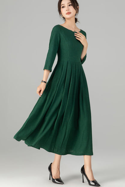 Handmade Emerald Green Linen Dress | 1950s Vintage Style Midi with Pleated Waist 5714