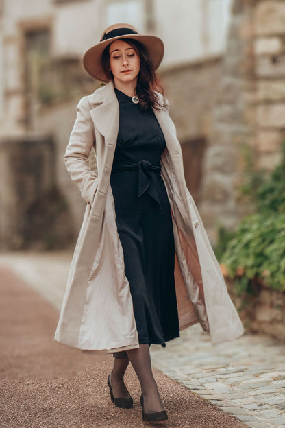 Cream White Wool Blend Coat - Double-Breasted A-Line Overcoat 3183