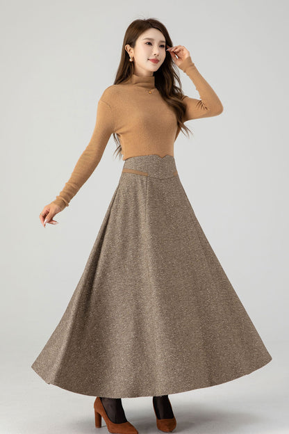 Khaki Wool Blend A-Line Maxi Skirt - High Waist Lined | Xiaolizi 4608