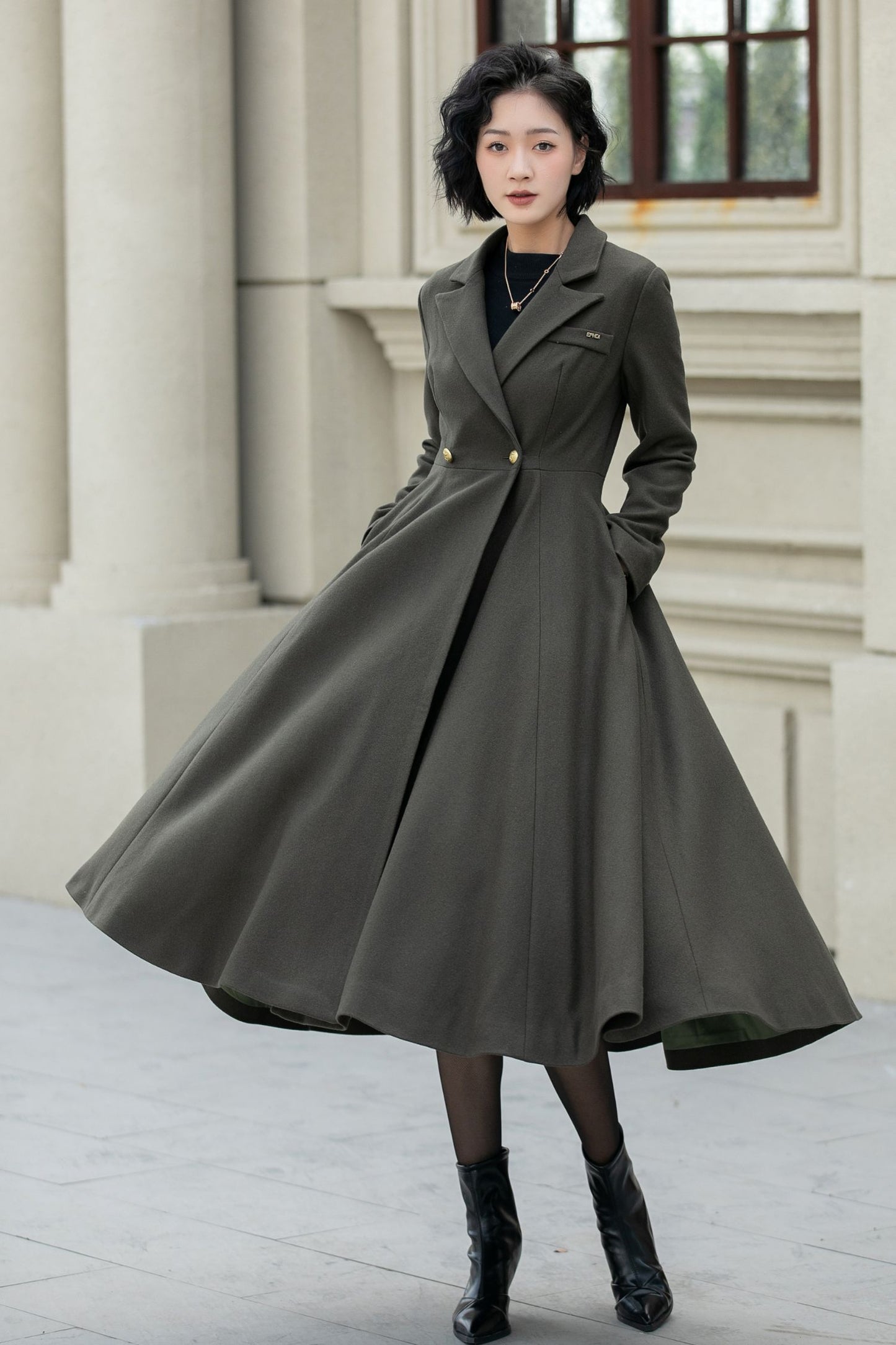 Army green double breasted winter wool coat 5459