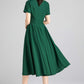 Green fit and flare summer linen dress with pockets 2337