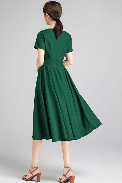 Green Linen Fit and Flare Dress - Pockets and Boat Neck 2337