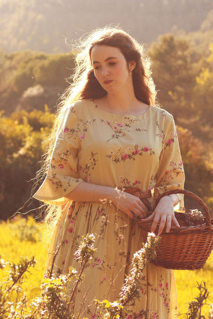 Floral Midi Linen Dress - Fit and Flared, Pleated Waist 3486