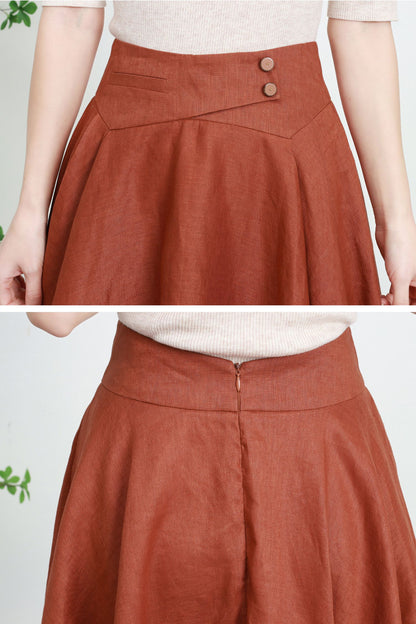 Rust Linen A-Line Midi Skirt - Flowing Circle Hem with Waist Buttons 5730